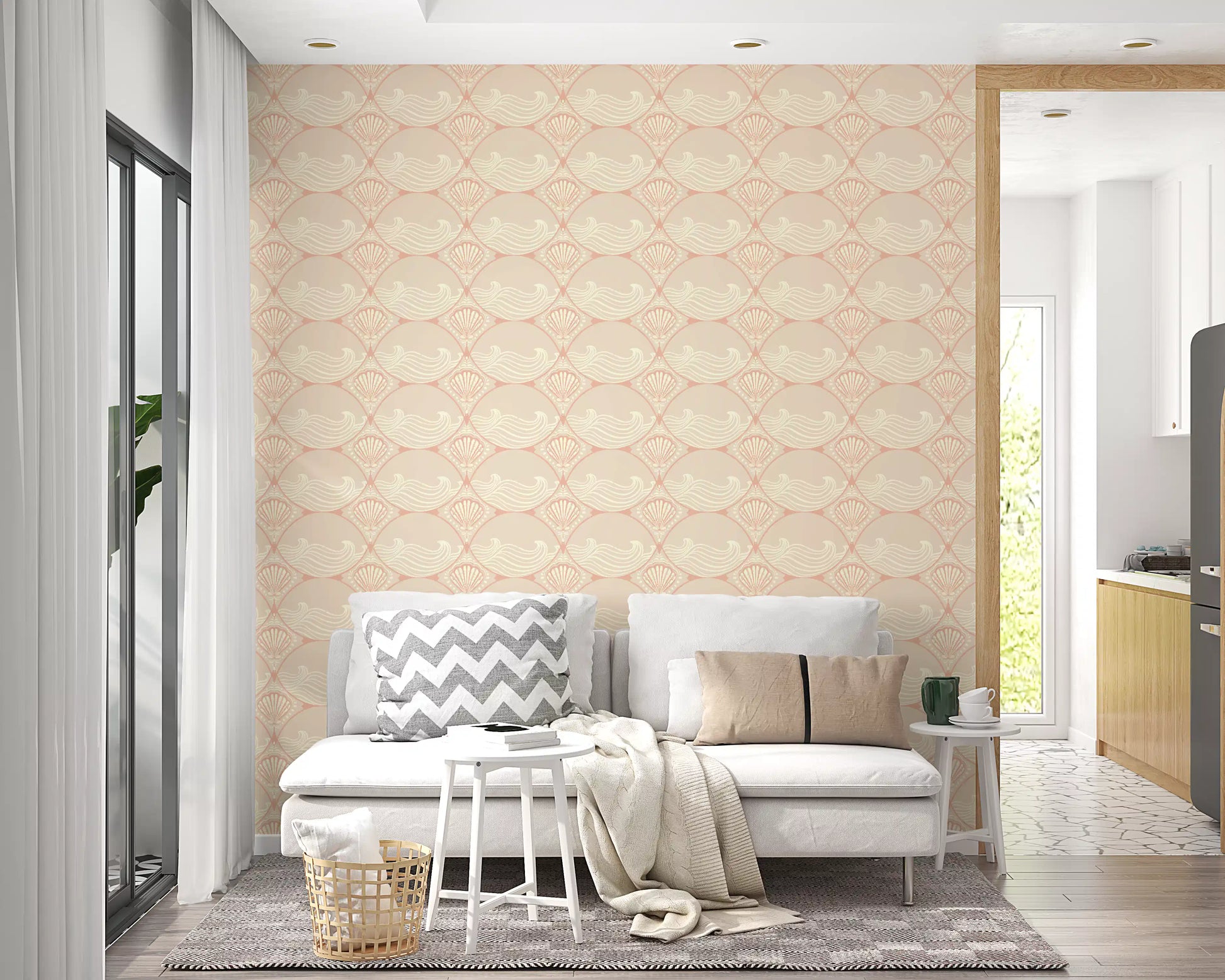 Coastal shell wallpaper adding detail to a relaxed living room setting