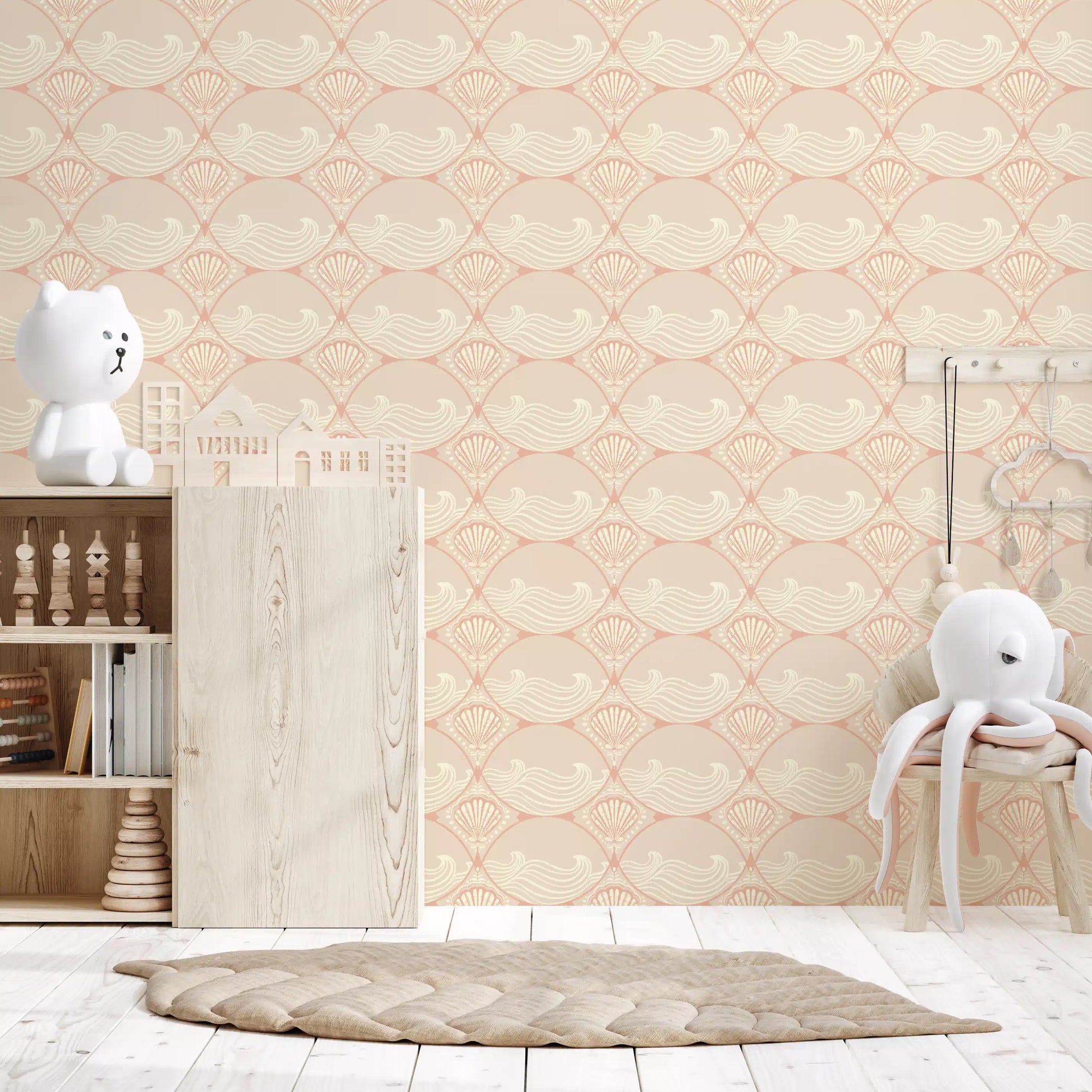 Shell wave pattern wallpaper used in a calm play room home interior design