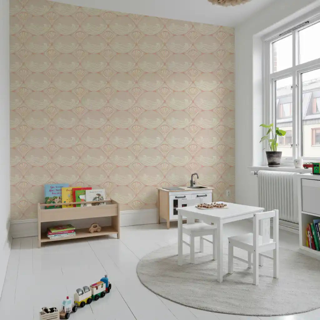 Shell pattern wallpaper placed in a soft tone kids play room setup