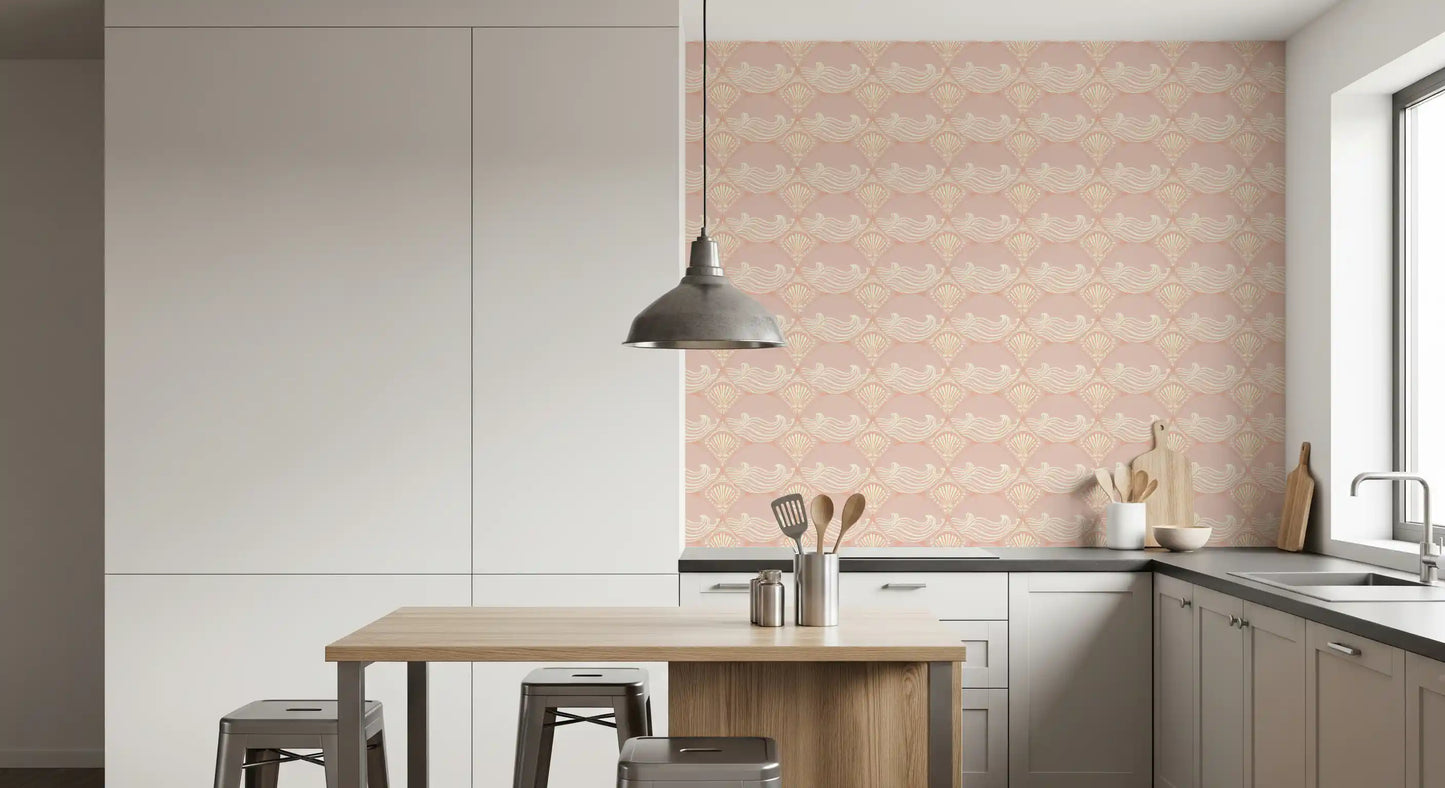 Blush Shell & Wave Pattern Wallpaper featured in a contemporary dining room and kitchen 