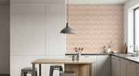 Blush Shell & Wave Pattern Wallpaper featured in a contemporary dining room and kitchen 