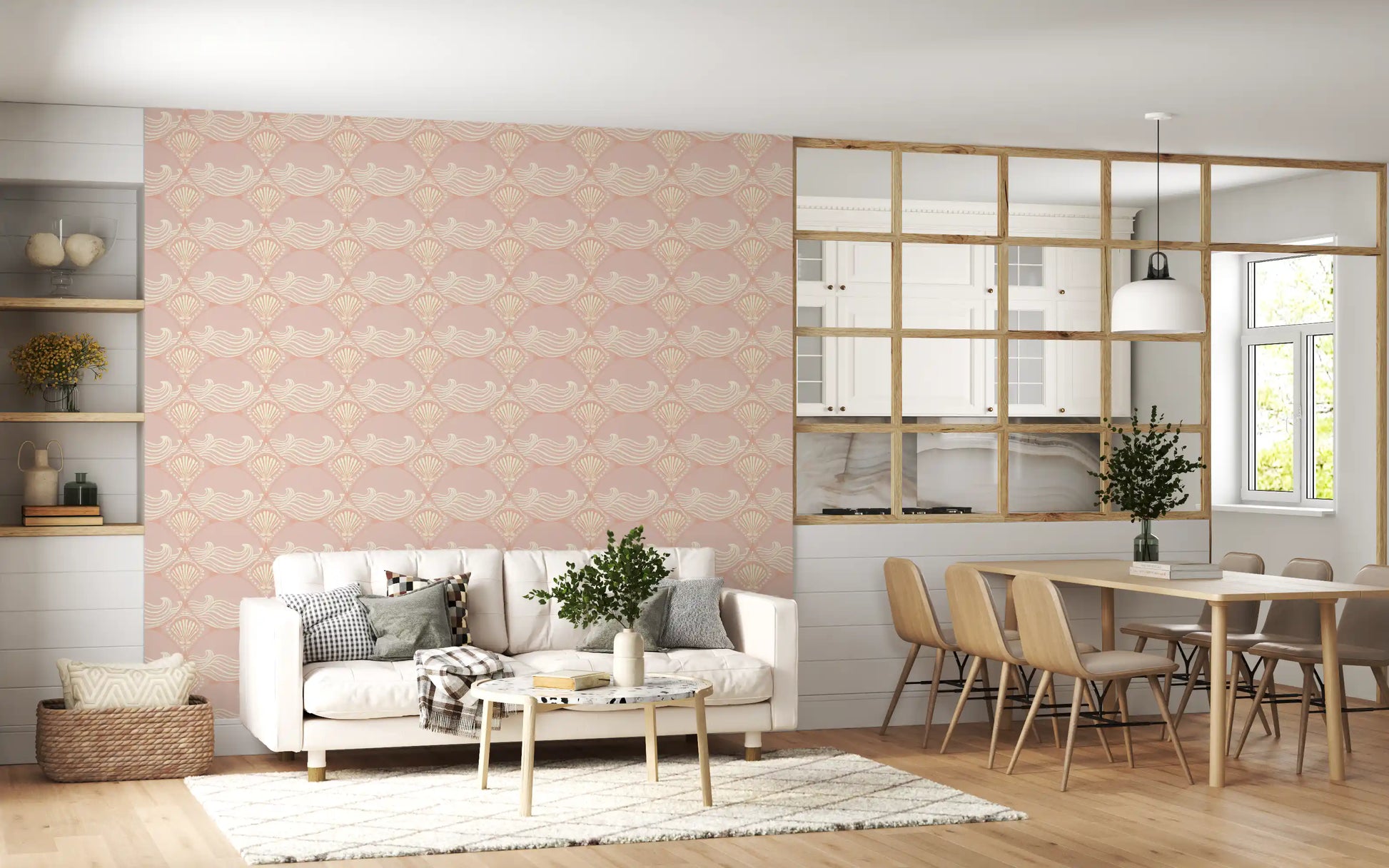 Blush Shell & Wave Pattern Wallpaper enhancing a bright dining area space