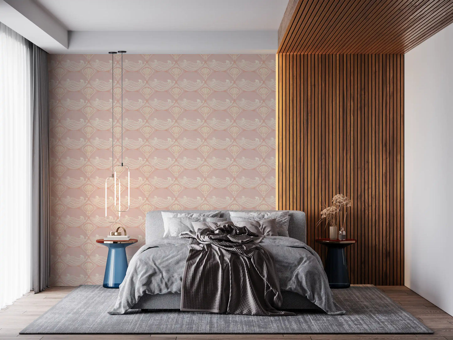 Shell wave pattern wallpaper used in a calm and balanced bedroom setup