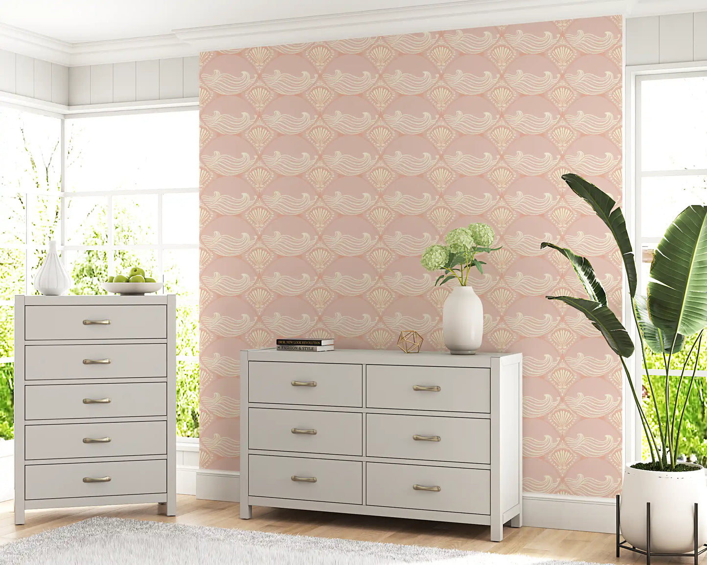 Coastal blush shell wallpaper placed in a soft minimalist living area setting