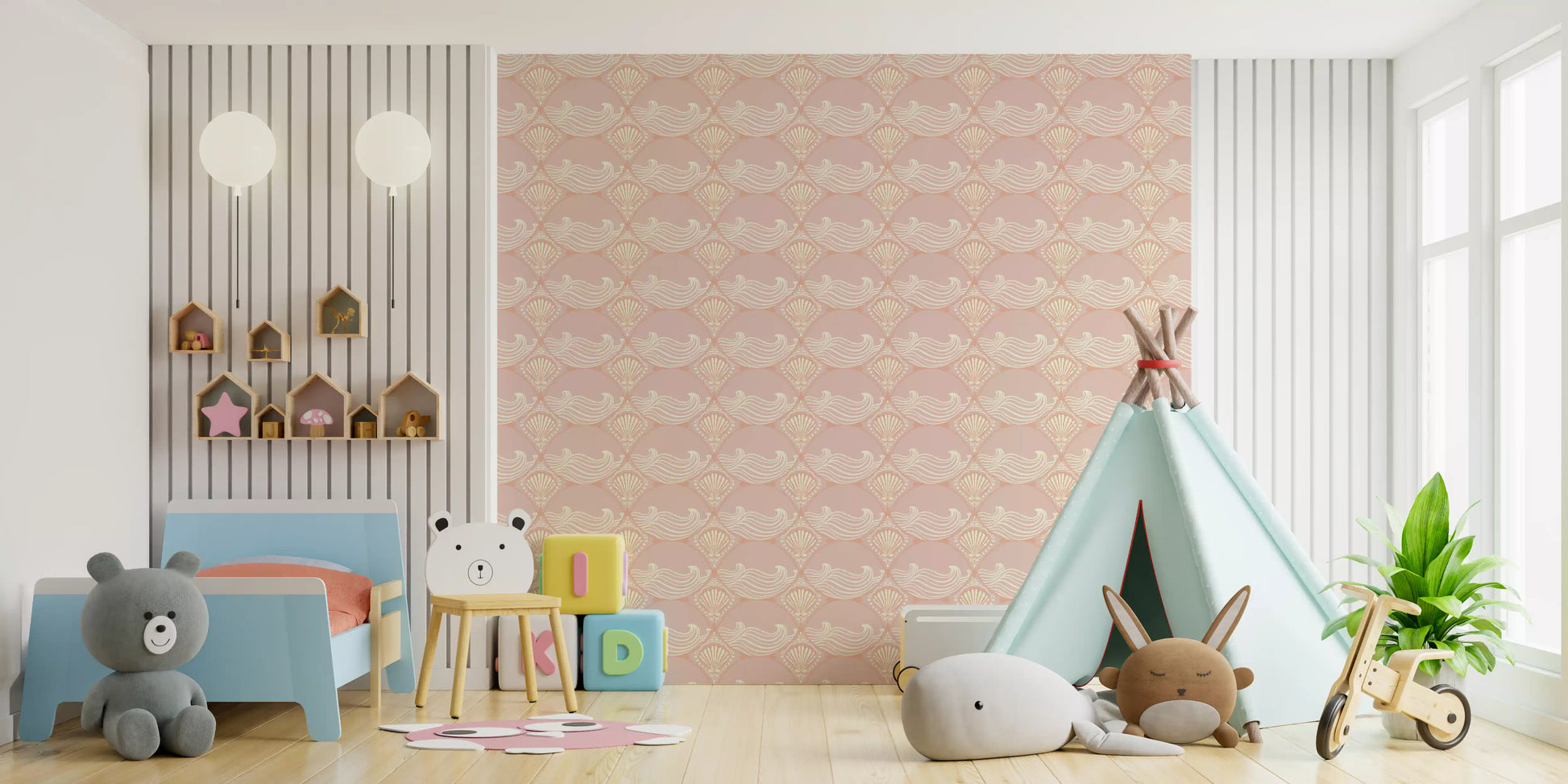 Shell pattern wallpaper placed in a neutral tone kids bedroom interior design