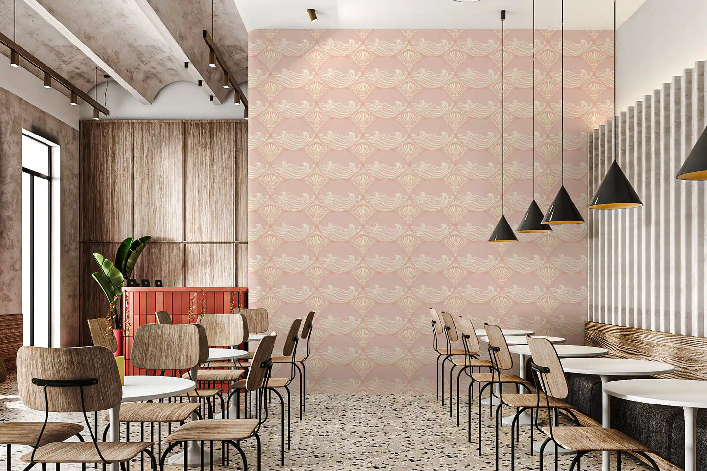 Blush Shell & Wave Pattern Wallpaper in a clean cafe and restaurant interior layout