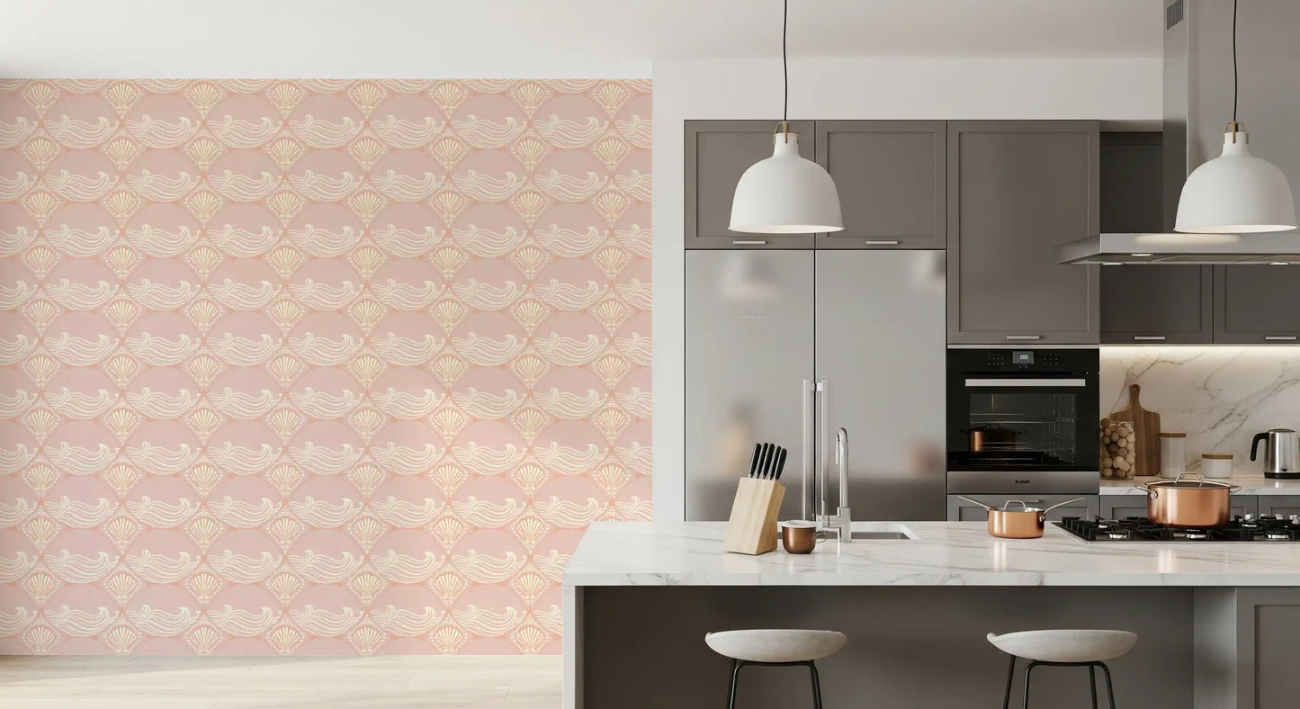 Blush Shell & Wave Pattern Wallpaper kitchen interior