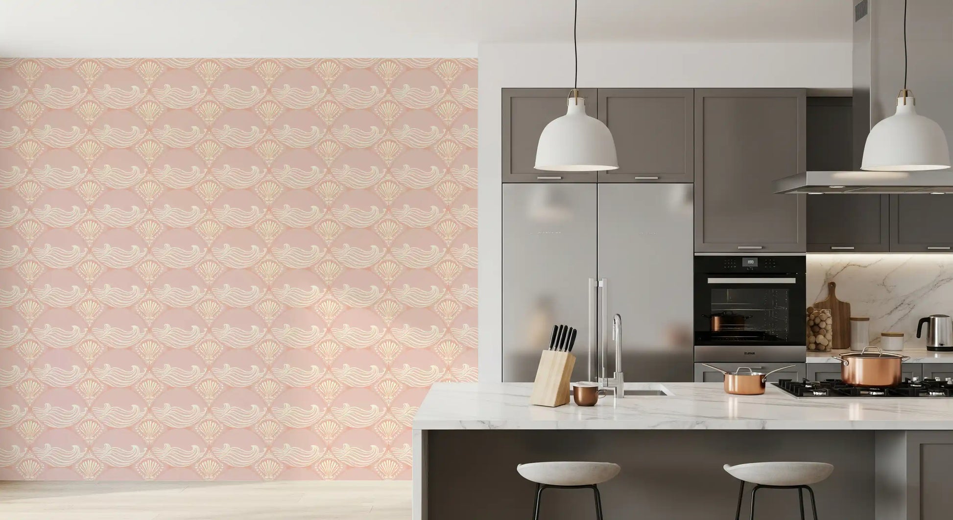 Blush Shell & Wave Pattern Wallpaper kitchen interior