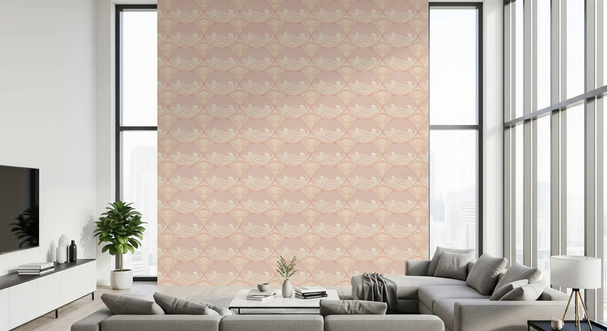 Coastal blush wallpaper adding detail to a relaxed modern Living room interior