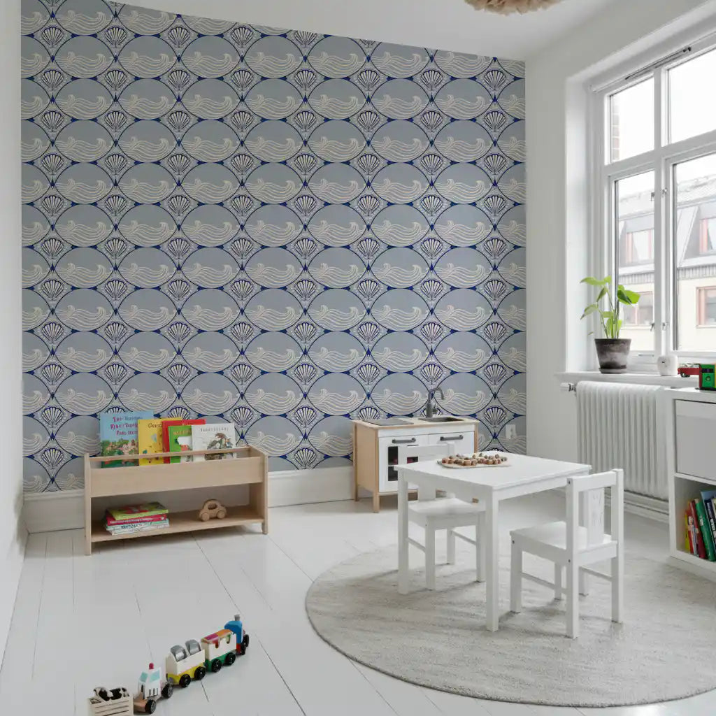 Shell motif wallpaper enhancing a nursery interior space