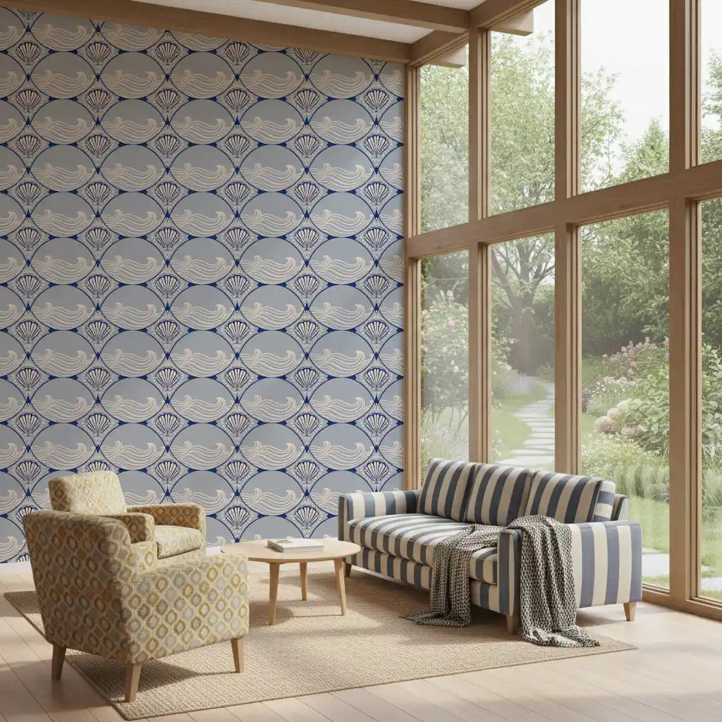 Ocean shells wallpaper creating a living room  interior backdrop