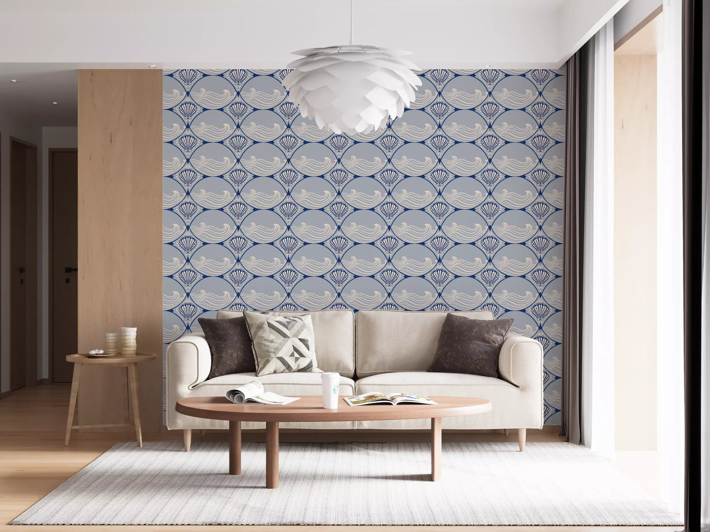 Ocean shells wallpaper enhancing a stylish living area backdrop