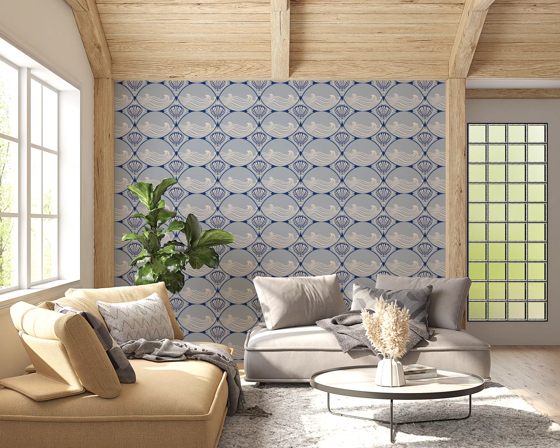 Art deco ocean shells wallpaper placed in a neutral hallway setting