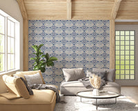Art deco ocean shells wallpaper placed in a neutral hallway setting