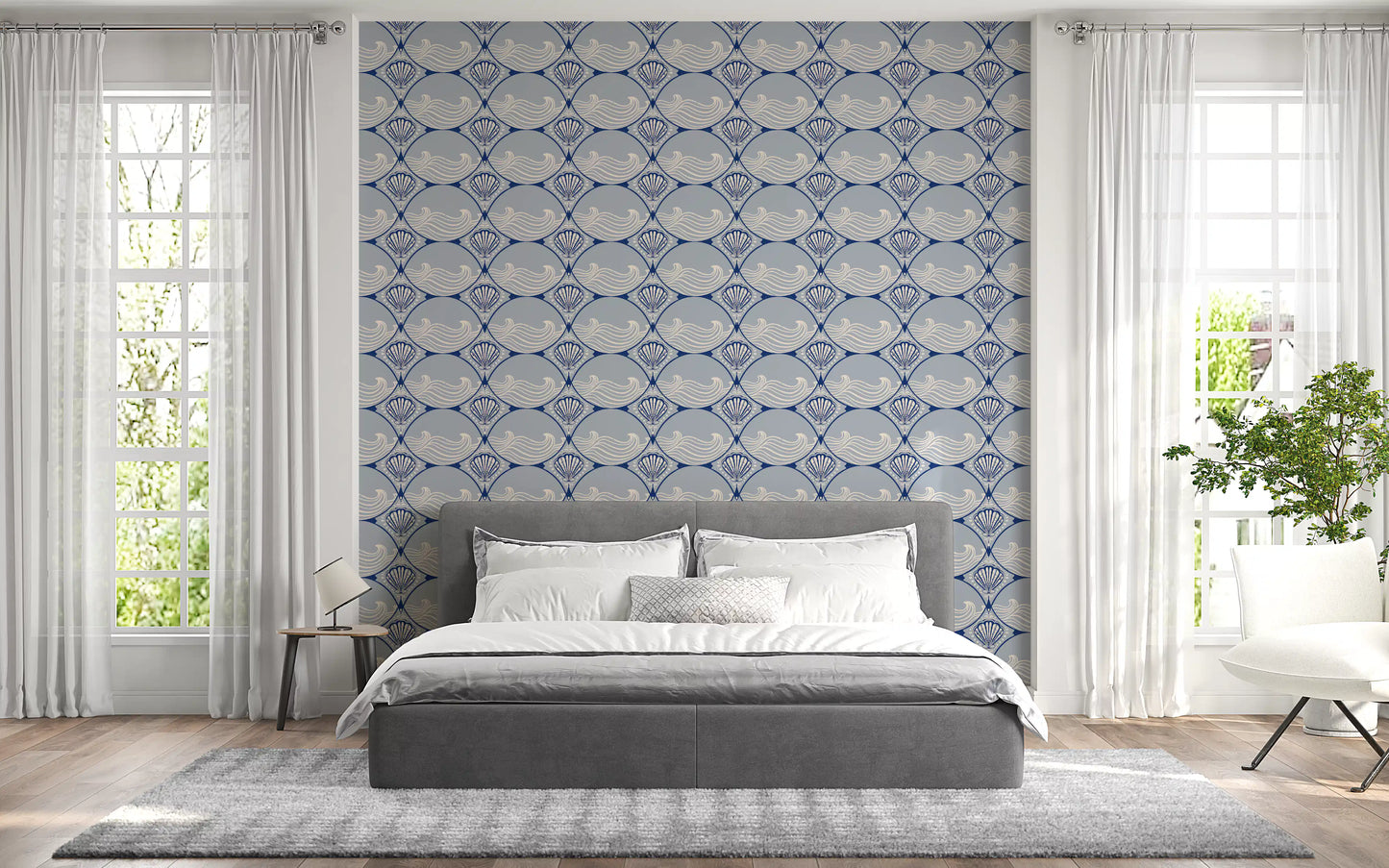 Blue shell pattern wallpaper featured in a contemporary bedroom 