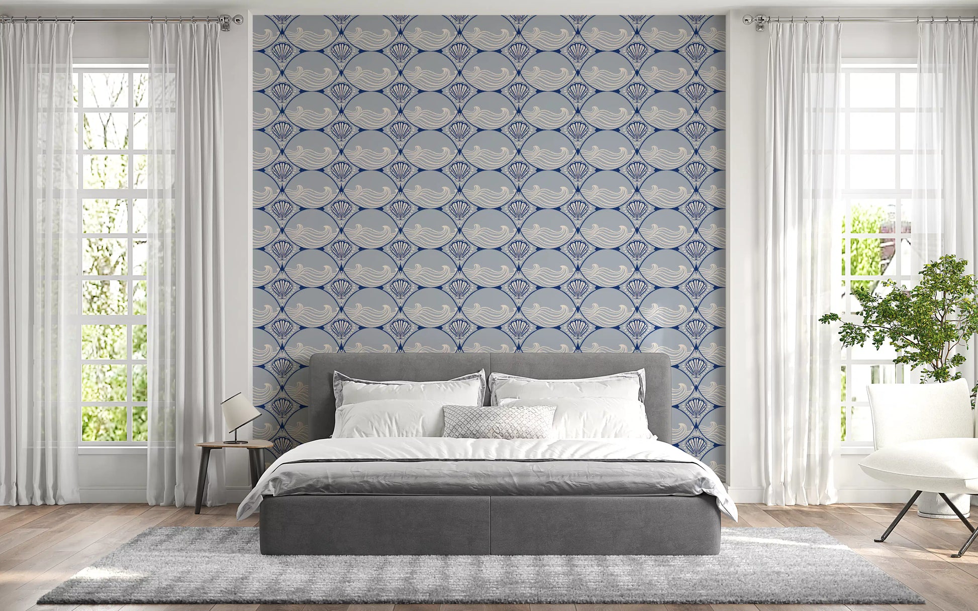 Blue shell pattern wallpaper featured in a contemporary bedroom 