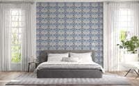 Blue shell pattern wallpaper featured in a contemporary bedroom 