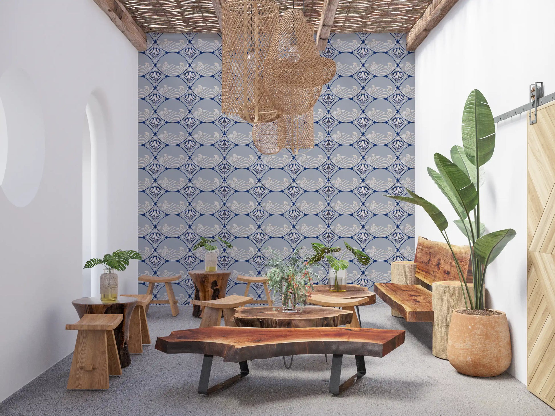 Art deco shell wallpaper used in a calm and balanced Lounge Space