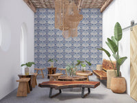 Art deco shell wallpaper used in a calm and balanced Lounge Space