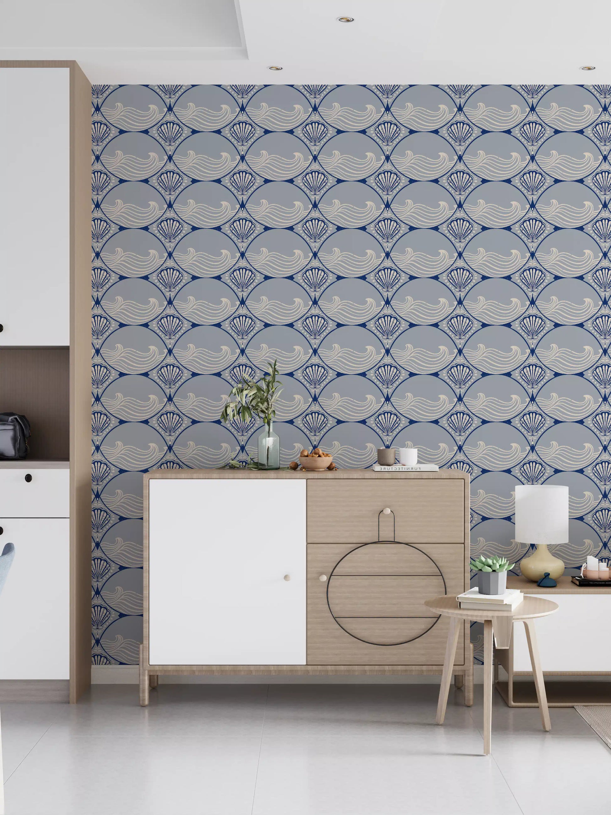 Art Deco Ocean Shells wallpaper styled in modern living room interior