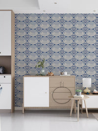 Art Deco Ocean Shells wallpaper styled in modern living room interior