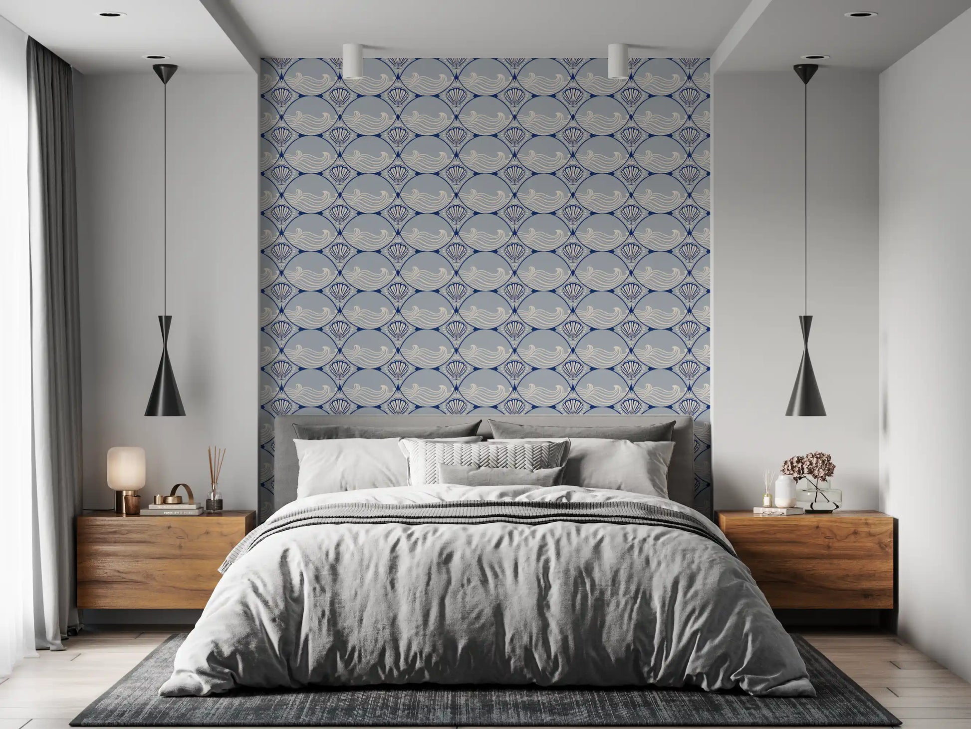 Coastal wave shell wallpaper in a clean bedroom interior setup