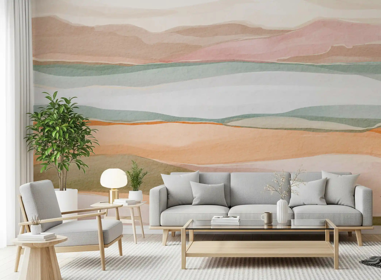 Earthen wavescape wall mural creating a calm modern living room backdrop surface