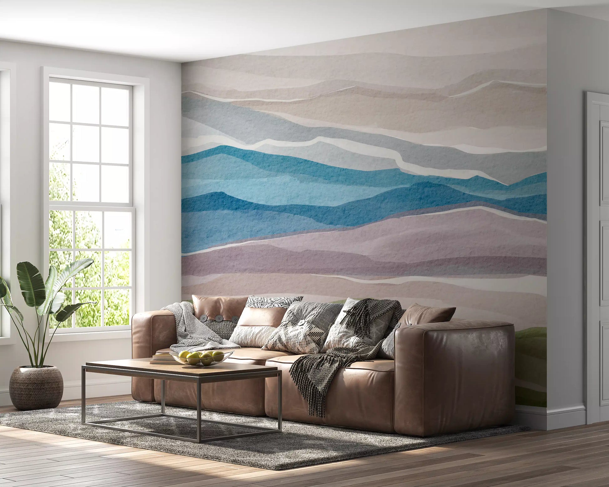 Living area designed with Serene Layered Horizons Wall Mural tones