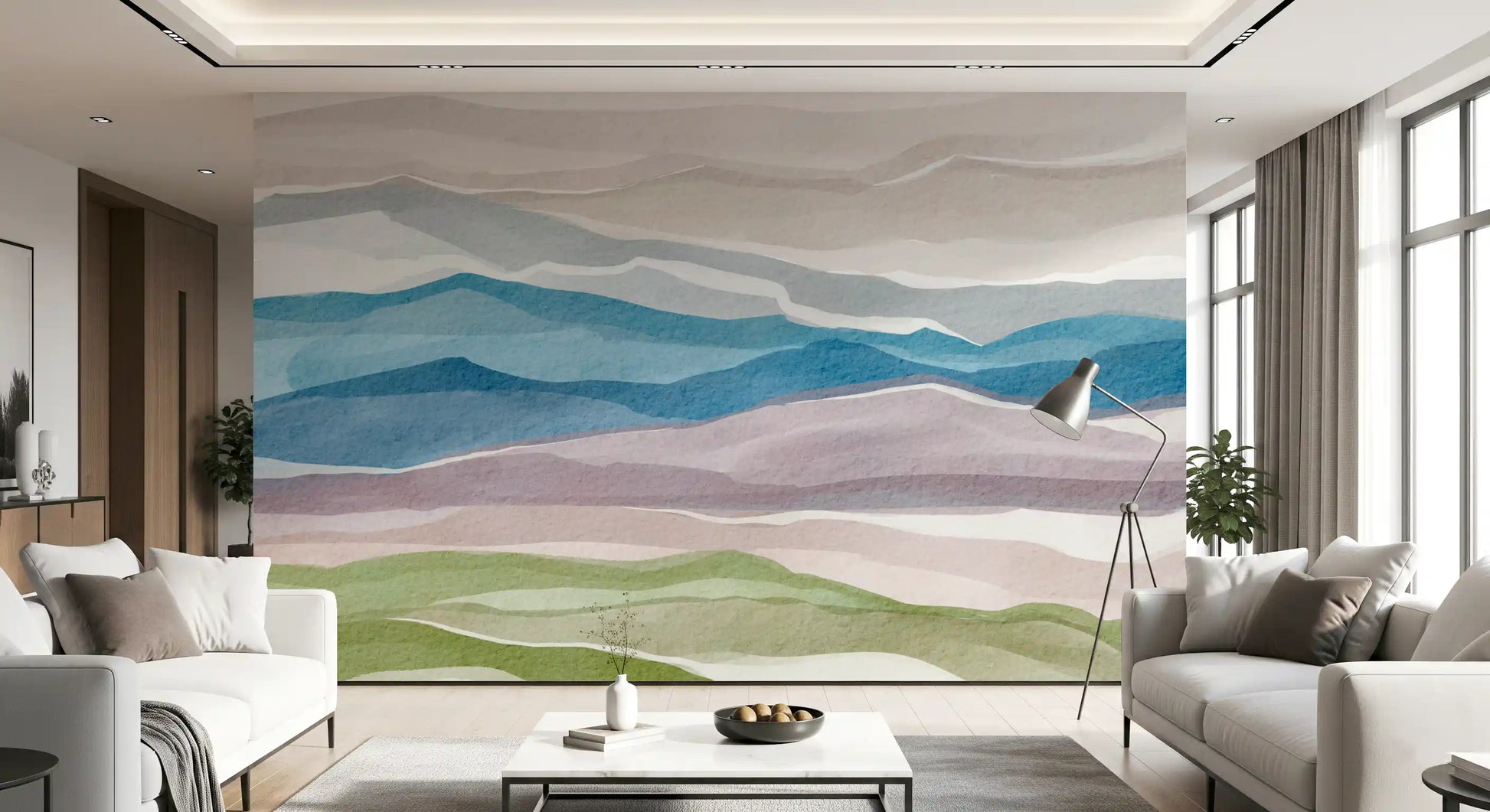 Home Office space paired with Serene Layered Horizons Wall Mural gradients