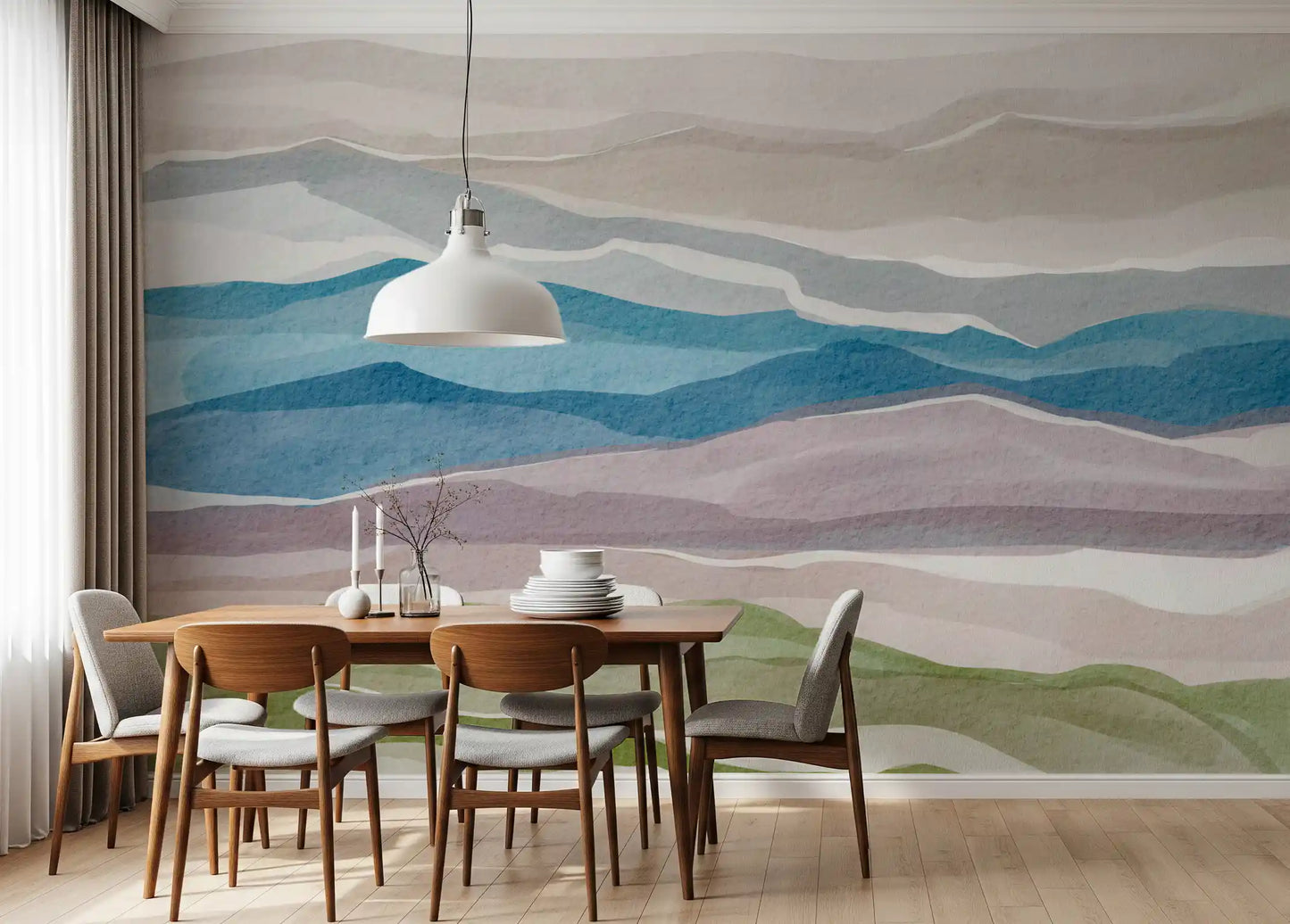 Dining room interior using Serene Layered Horizons Wall Mural flow