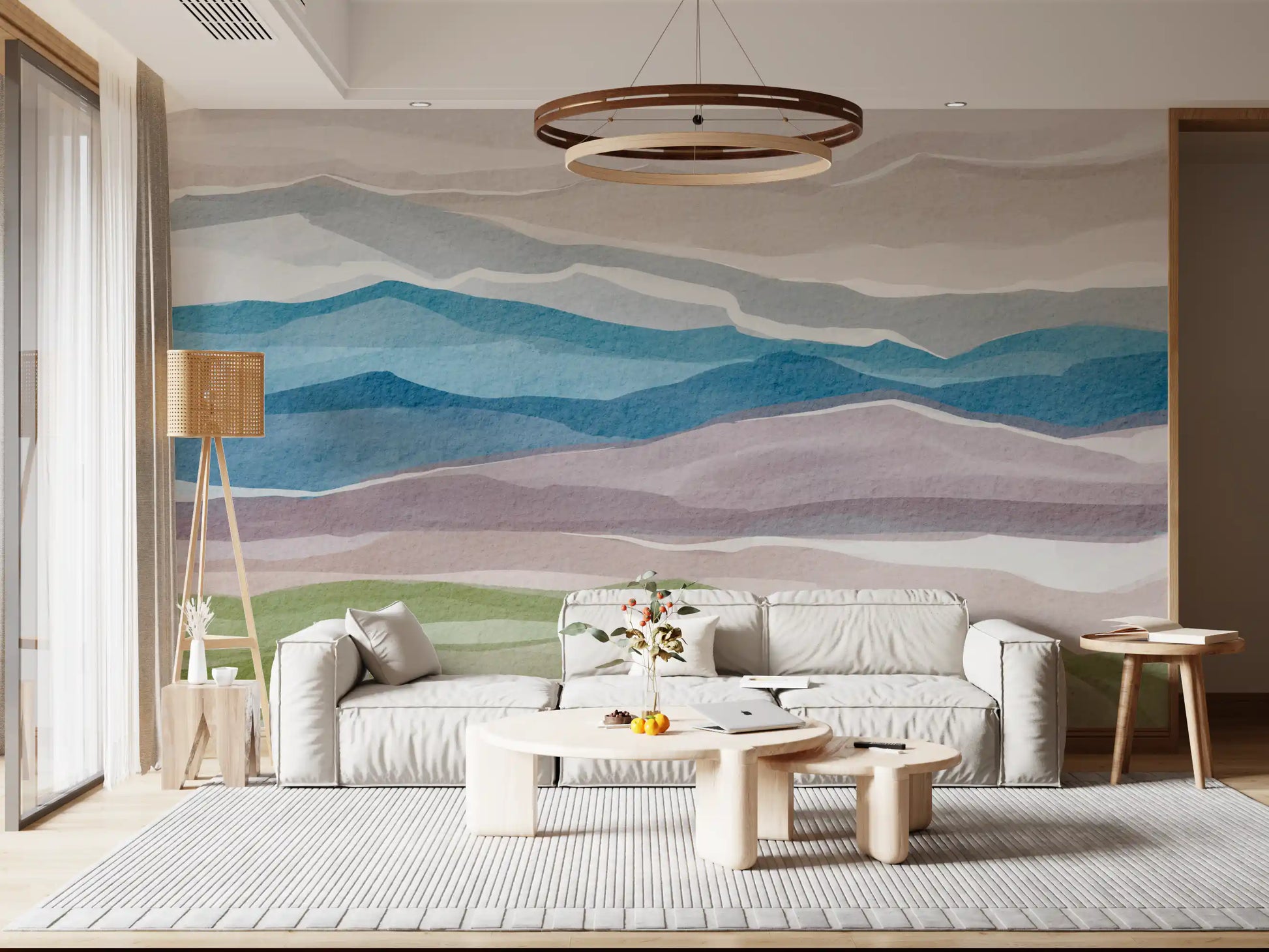 Living room  defined by Serene Layered Horizons Wall Mural layering