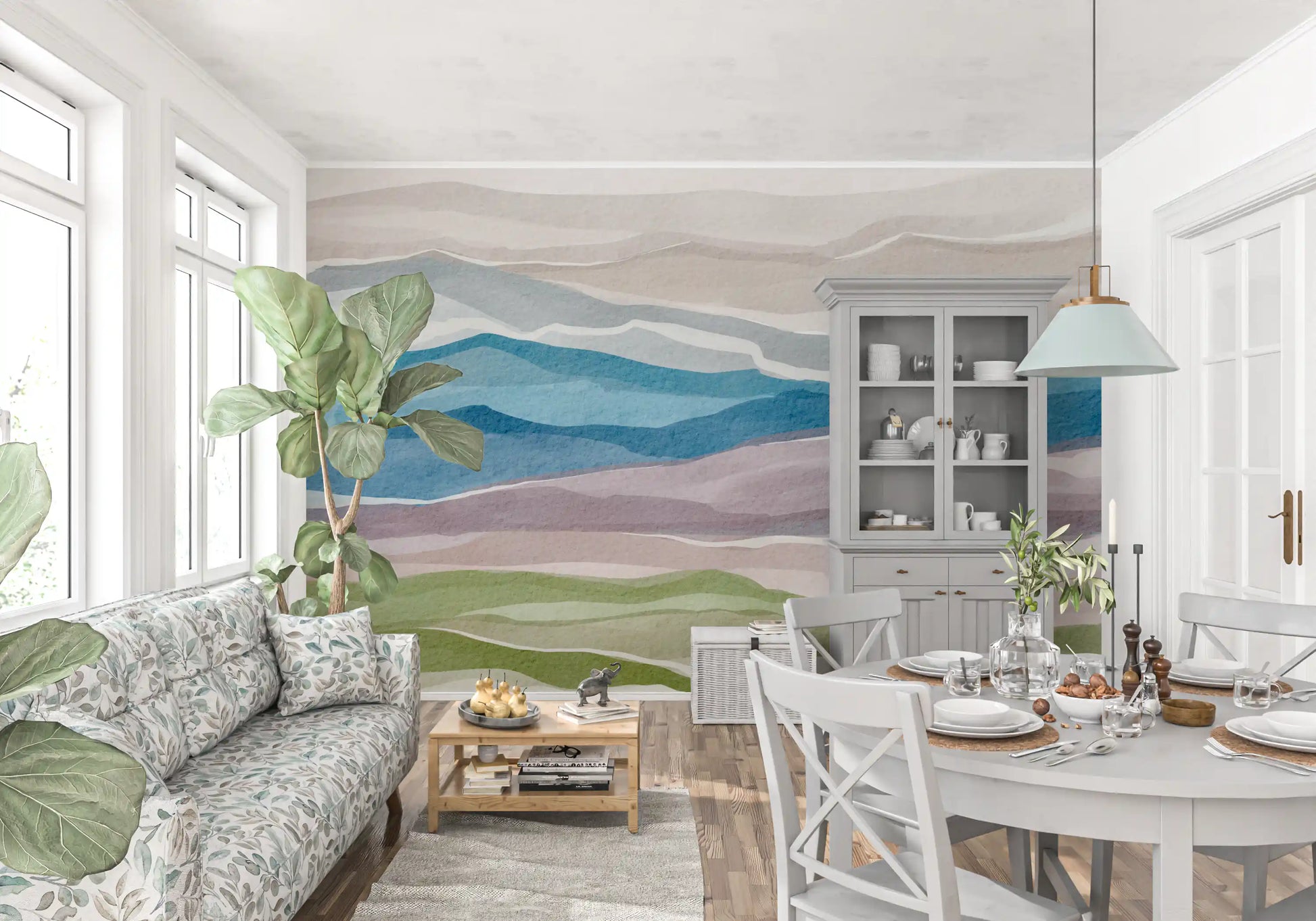 Dining room enhanced by Serene Layered Horizons Wall Mural layers