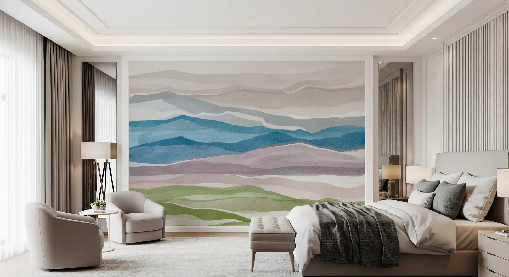 bedroom  styled using Serene Layered Horizons Wall Mural textures
