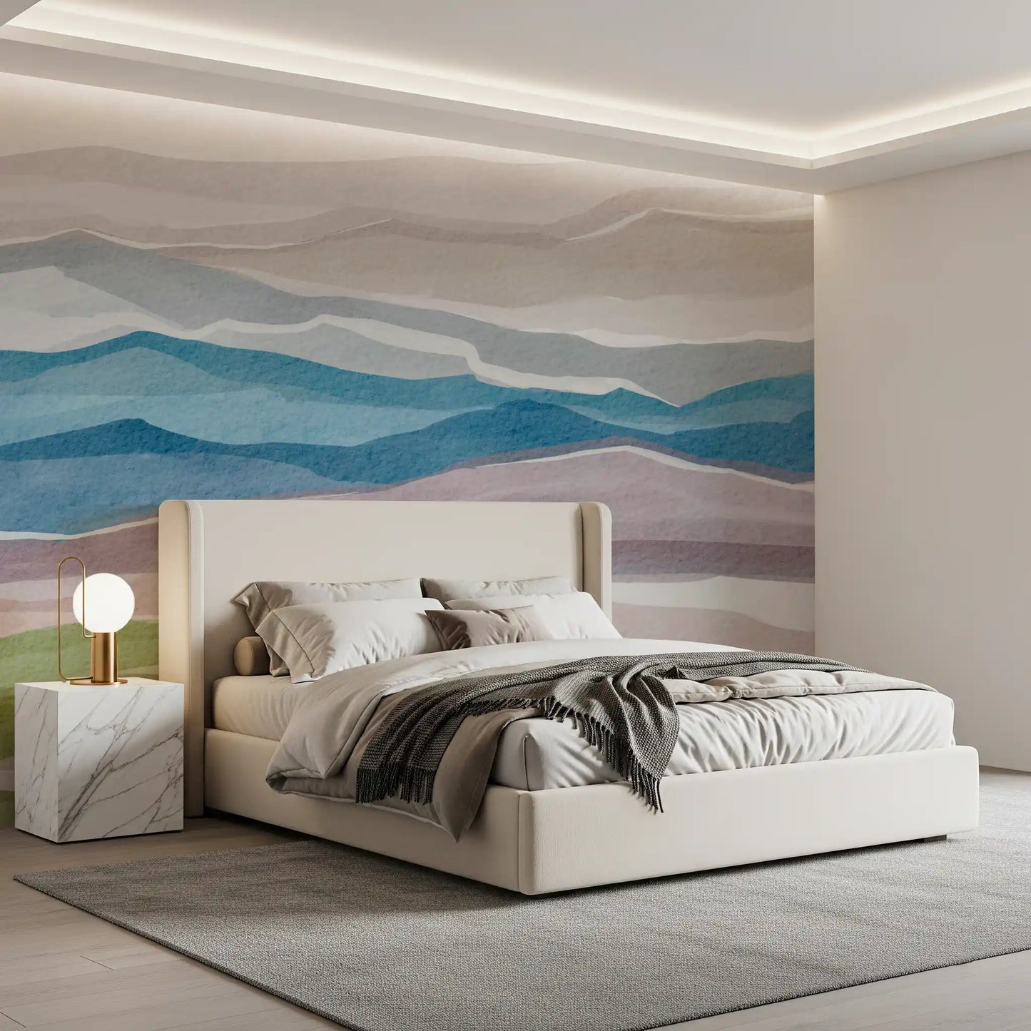Bedroom interior featuring Serene Layered Horizons Wall Mural with blue tones