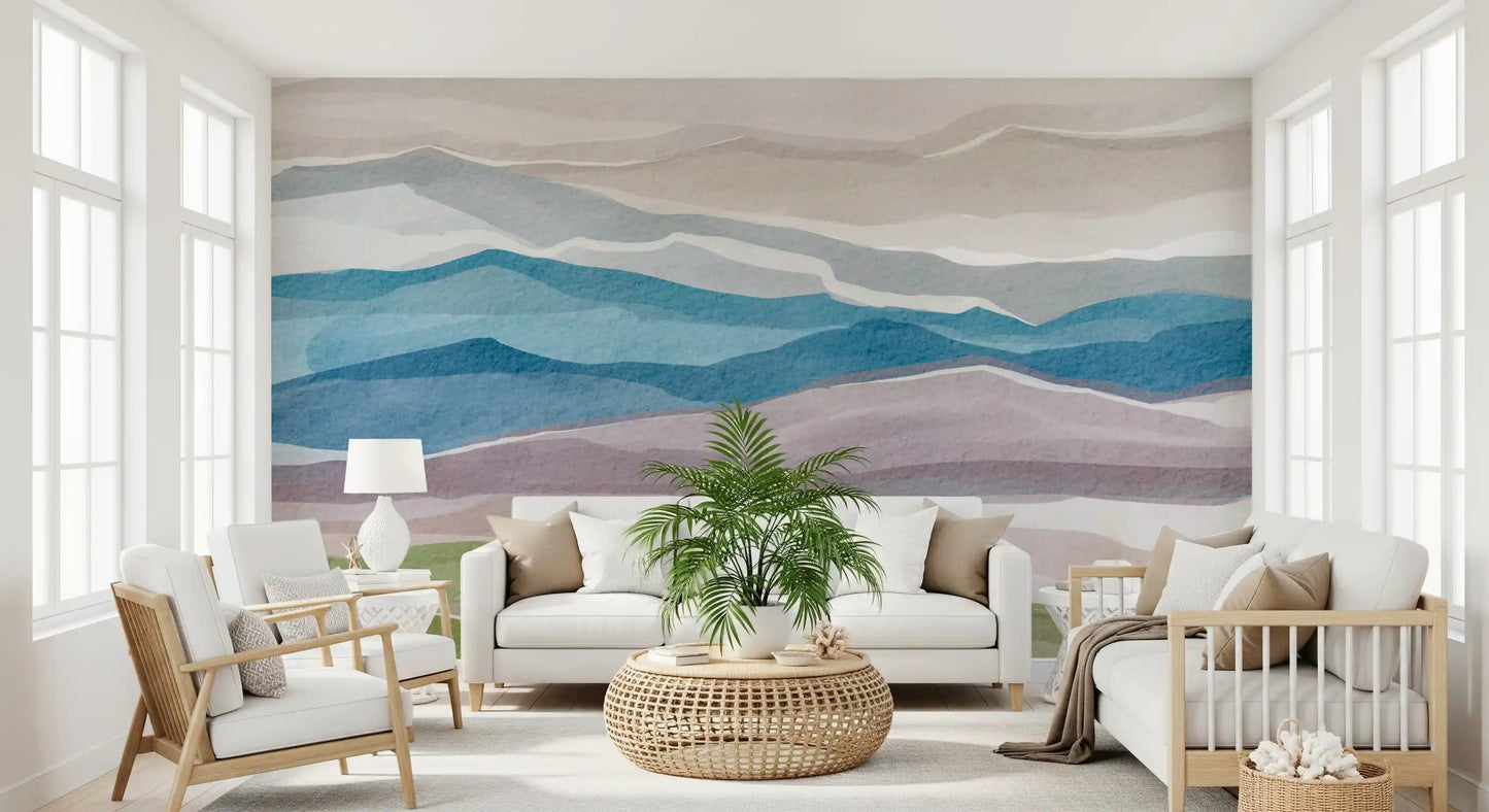 Living room styled with Serene Layered Horizons Wall Mural in soft gradients