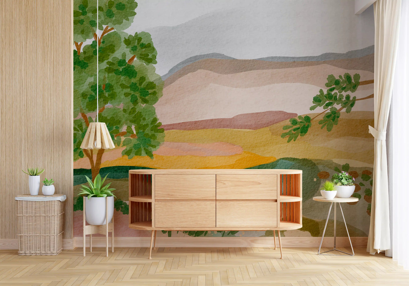 living room painted hillside calm wall mural with earthy tones