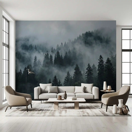 Misty Forest Ascent wall mural in a modern living room with foggy pine depth