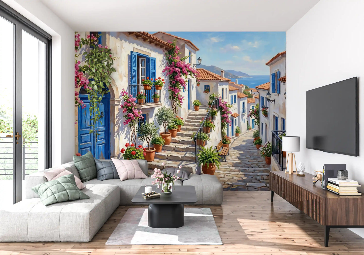 Bougainvillea Dreams wall mural highlighted in a living area 