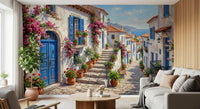 Bougainvillea coastal wall mural placed in an elegant hallway