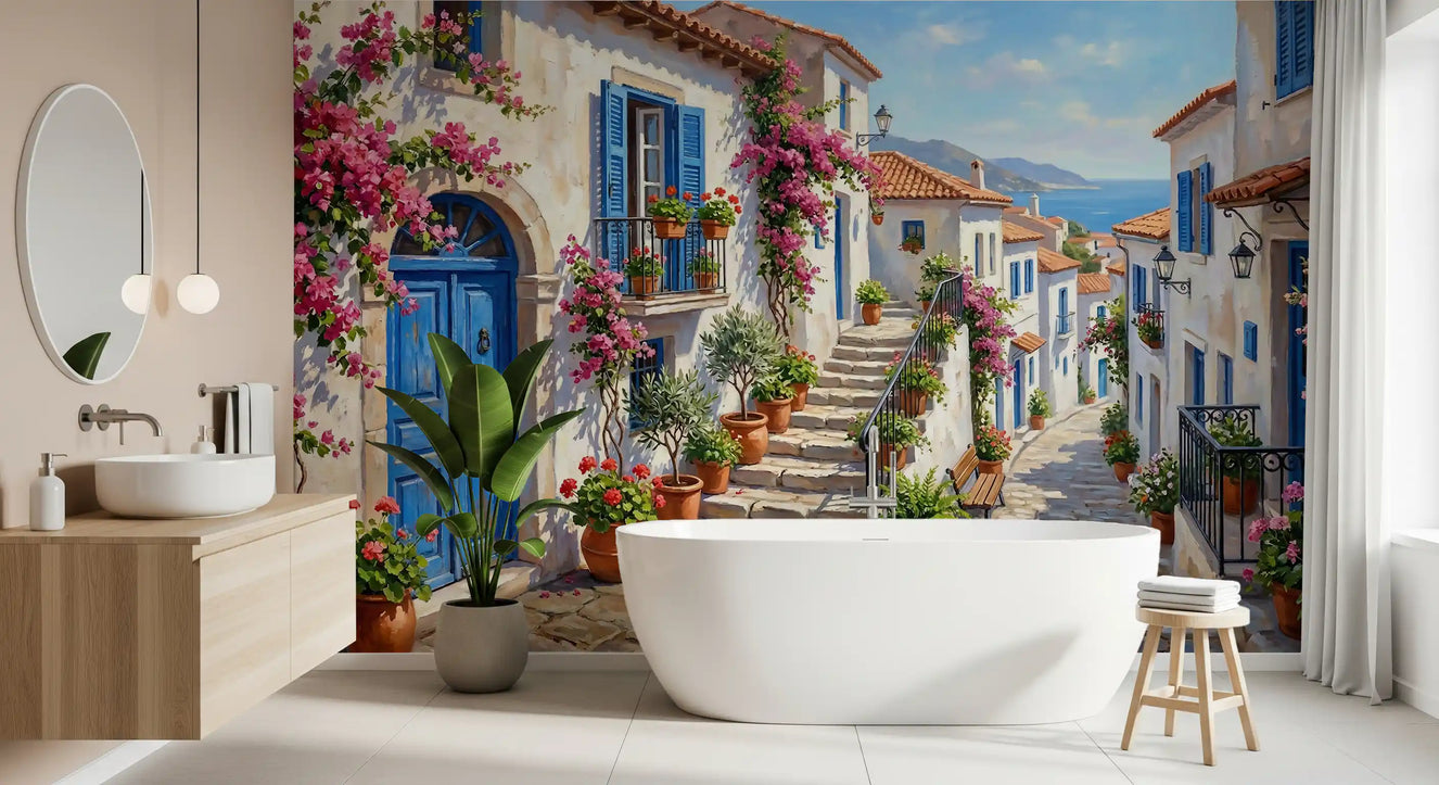Cobalt & Bougainvillea Dreams wall mural in a bathroom