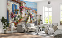 Cobalt & Bougainvillea lane wall mural shown in a refined home and office 