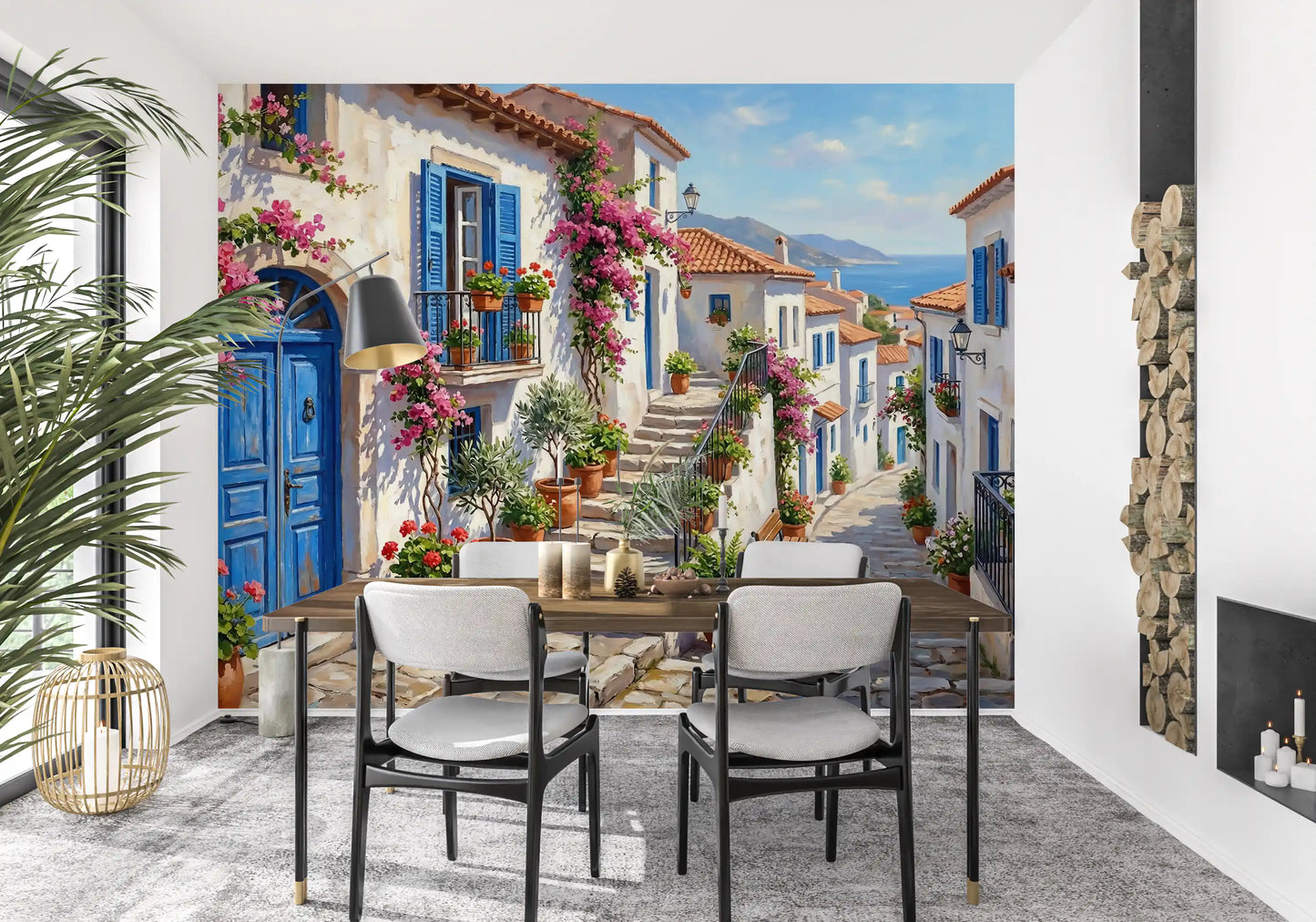 Cobalt village wall mural styled in a modern dining room