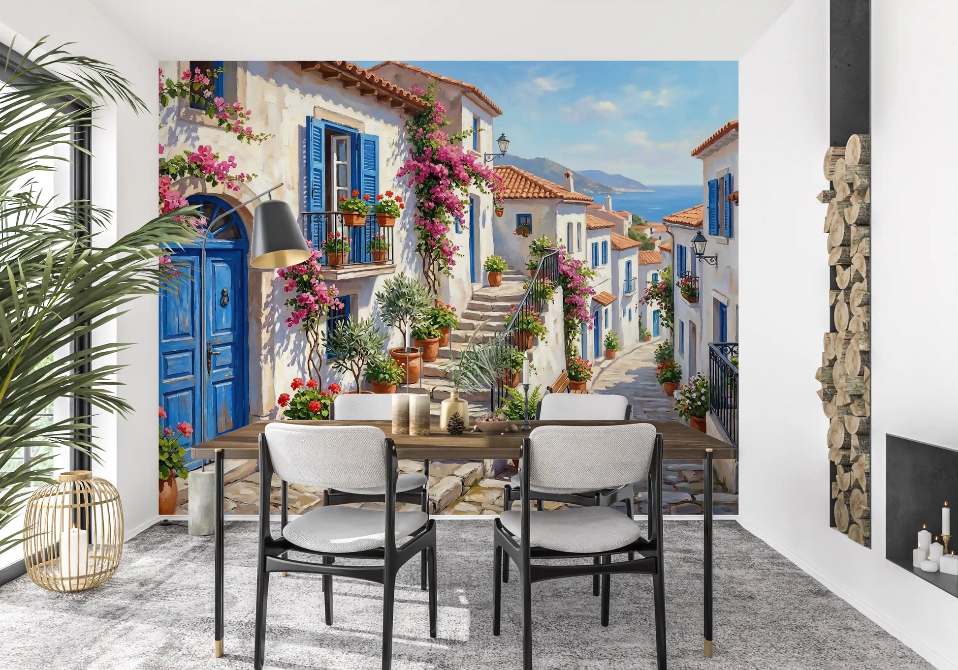 Cobalt village wall mural styled in a modern dining room