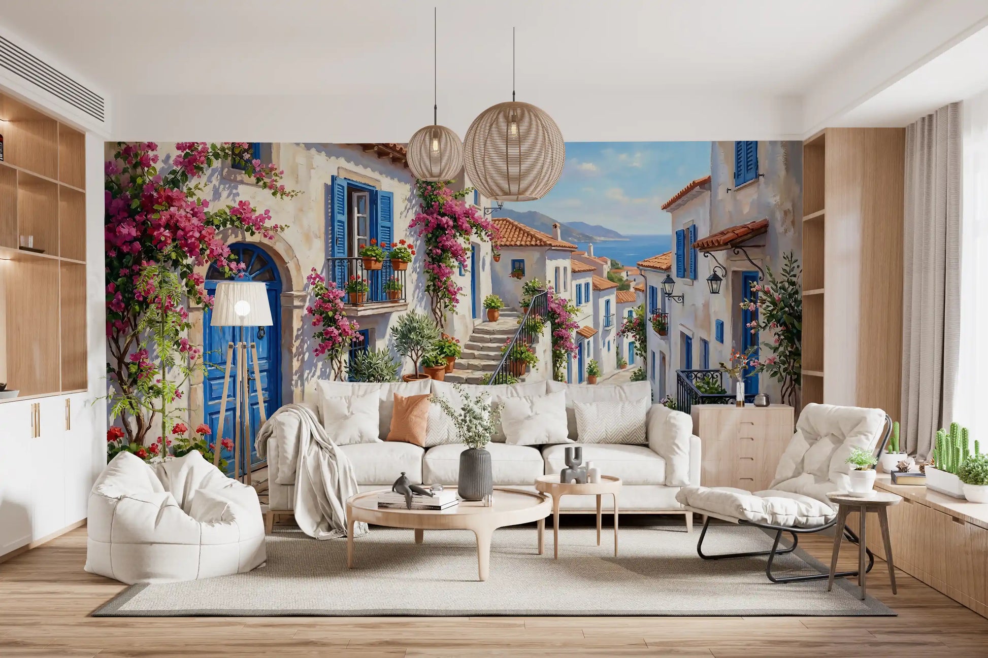Mediterranean bougainvillea wall mural featured in a living room 