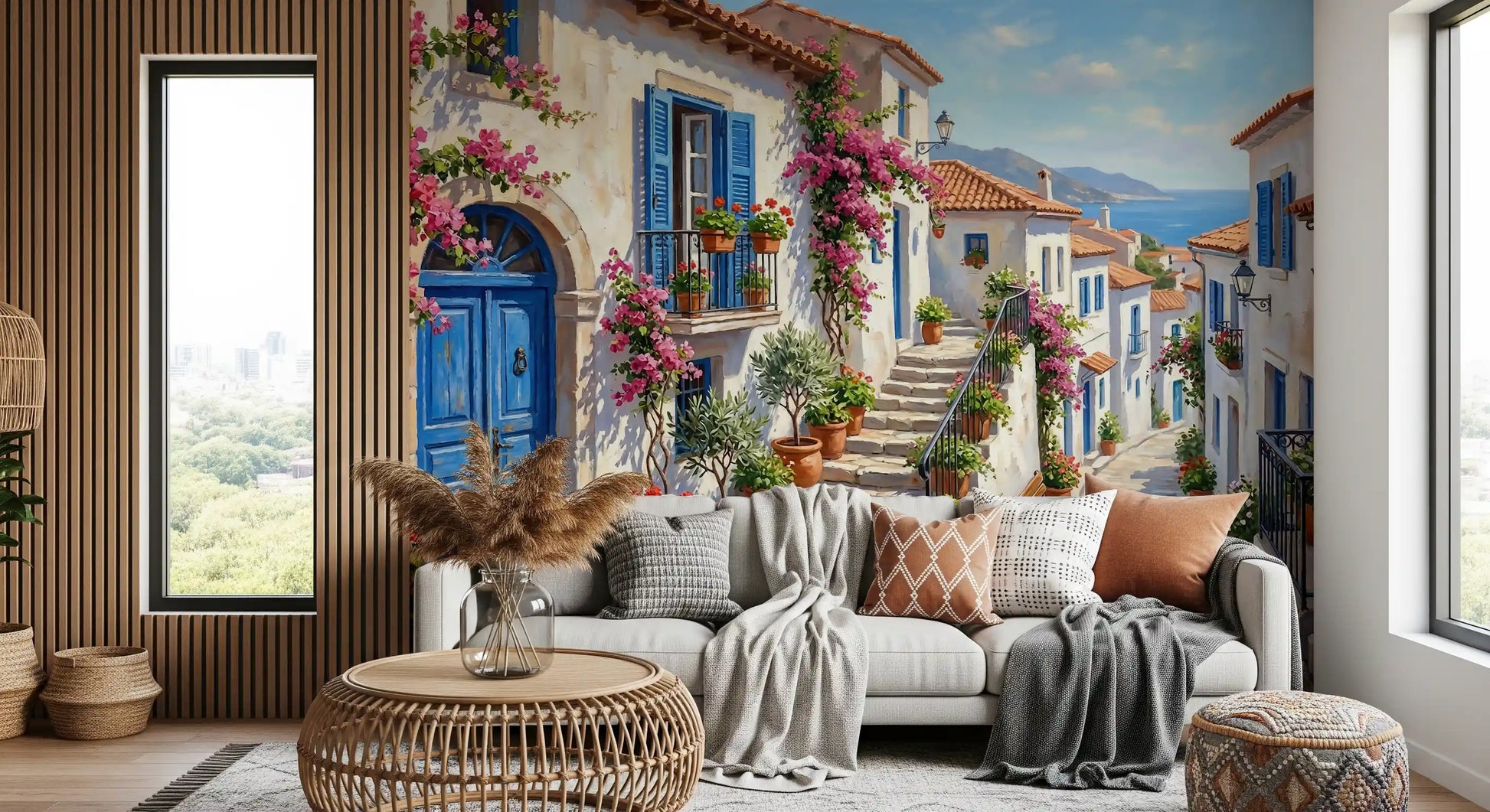 Cobalt floral wall mural arranged in a welcoming entryway