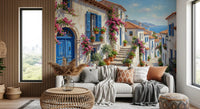 Cobalt floral wall mural arranged in a welcoming entryway