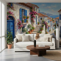 Coastal village wall mural featured in a boutique hotel lobby