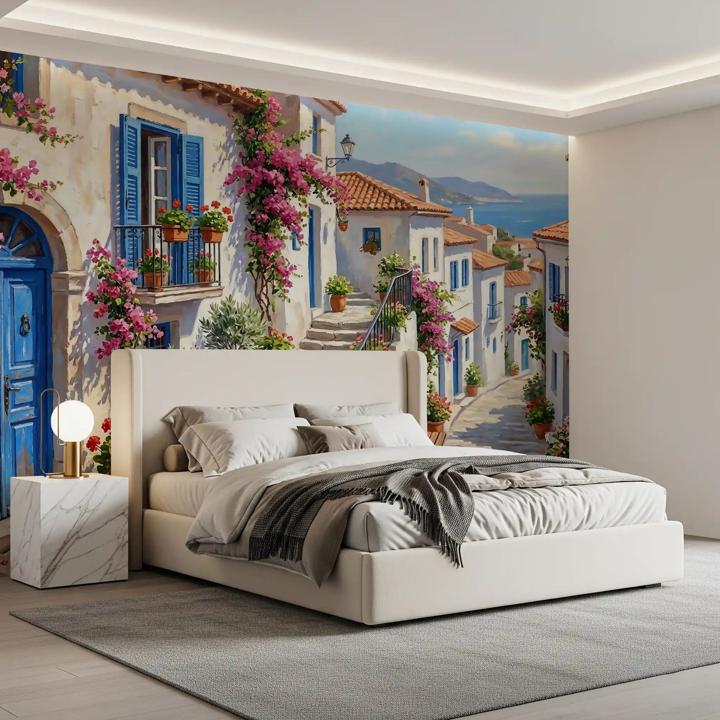 Mediterranean cobalt wall mural styled in a bedroom 