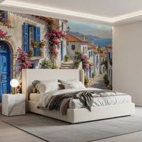 Mediterranean cobalt wall mural styled in a bedroom 