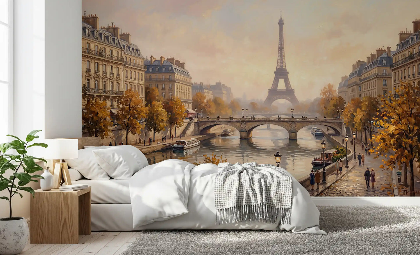 Autumn canal mural featured in a bedroom area 